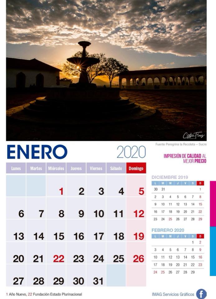 Calendario 2020 enero con foto paisaje y datos impresos