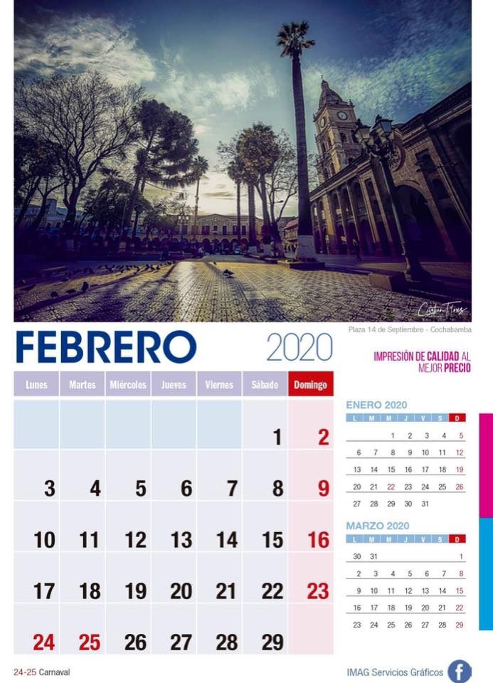Calendario 2020 febrero con foto catedral de Sucre