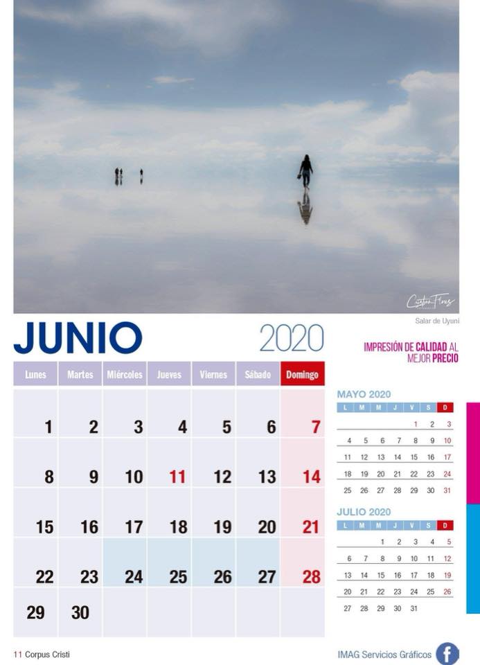 Calendario 2020 junio con laguna y espejo de agua