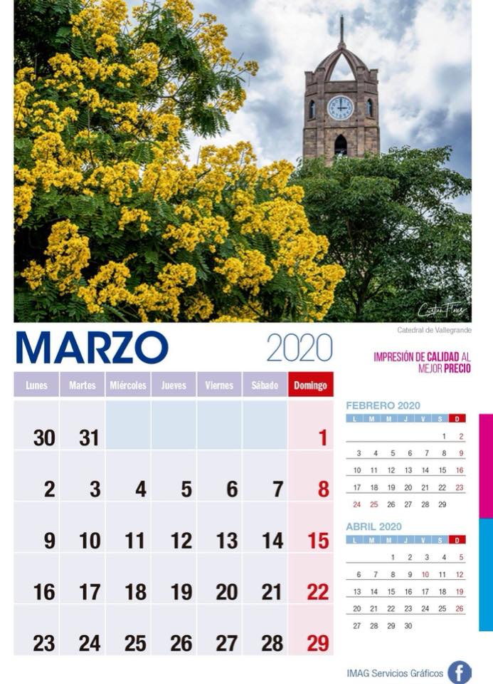 Calendario 2020 marzo con iglesia y flores amarillas