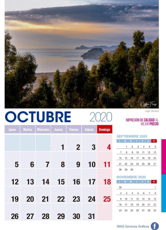 Calendario 2020 octubre con puesta de sol en laguna