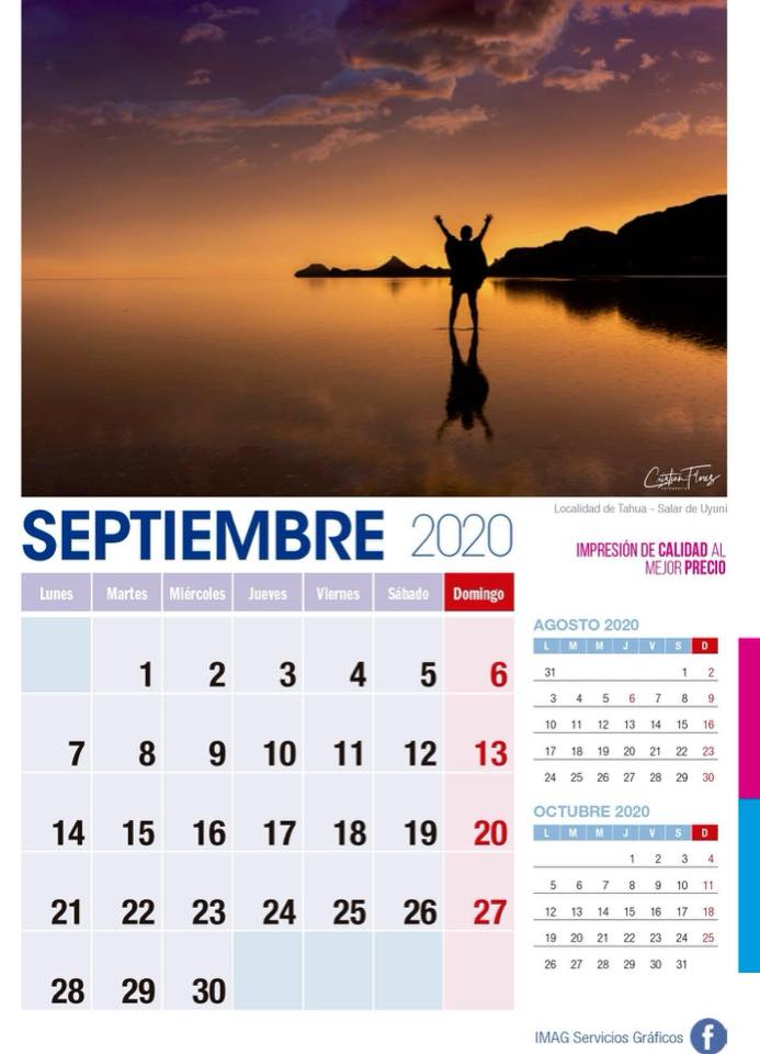 Calendario 2020 septiembre con persona en laguna