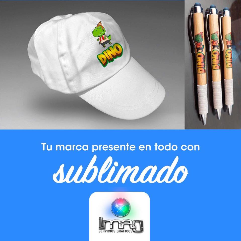 Foto gorra blanca y bolígrafos sublimados marca Dino