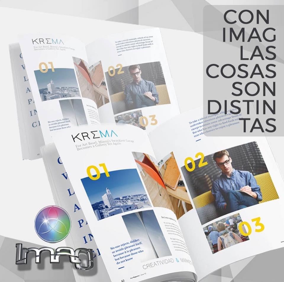 Catálogos impresos abiertos mostrando diseño KREMA