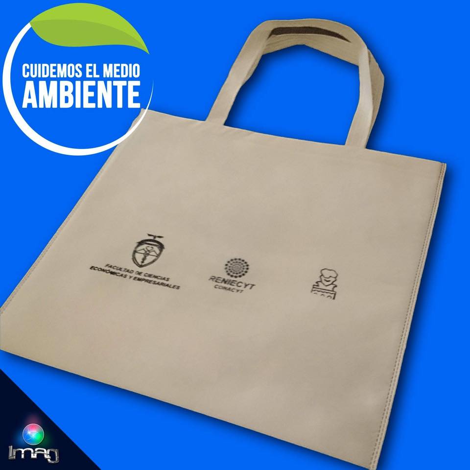 Bolsa de tela con logo IGO y texto impreso